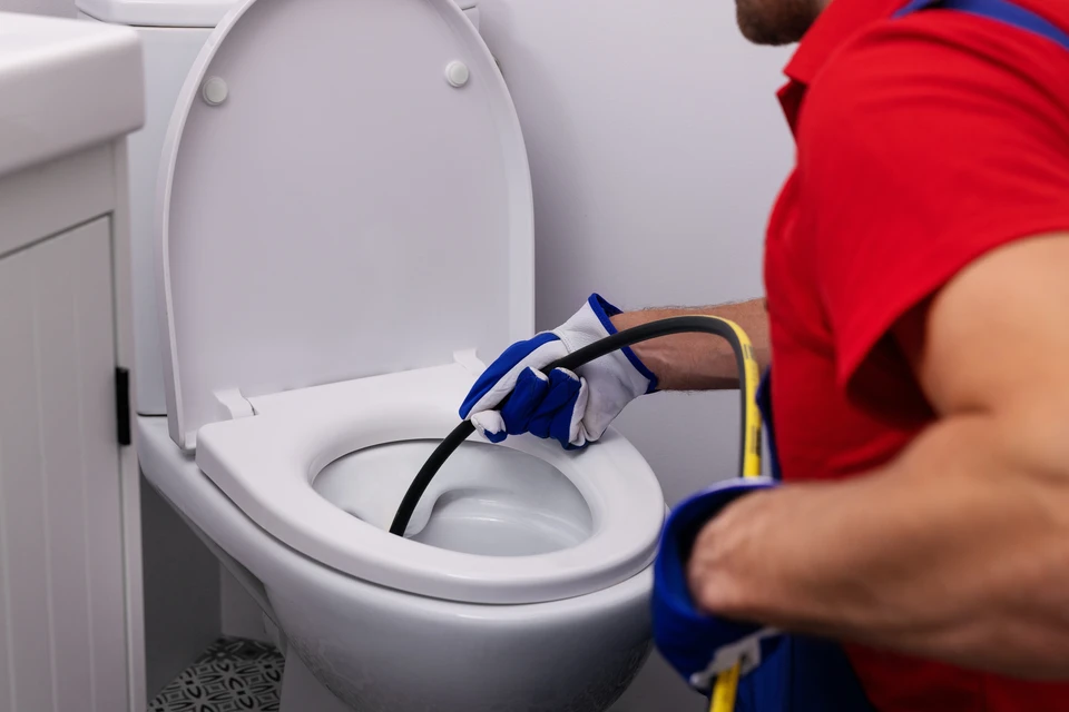 Un plombier en combinaison rouge effectue un débouchage de canalisation dans des toilettes blanches à l'aide d'un furet électrique